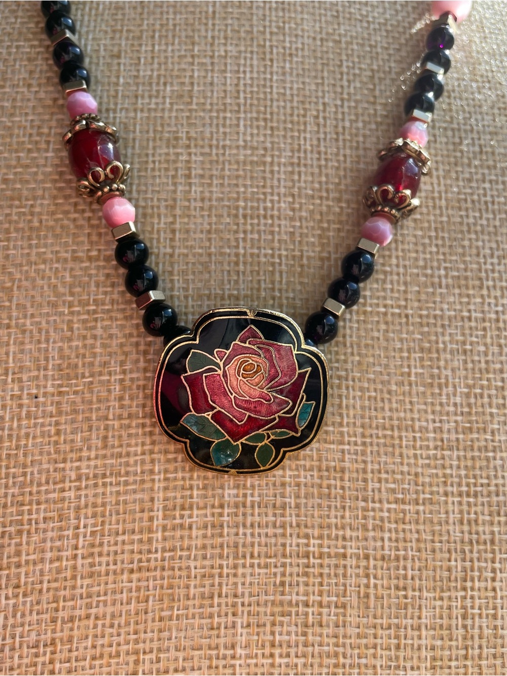 Artisan Made Vintage Czech Glass Necklace with Cloisonné Pendant - Picture 2 of 4